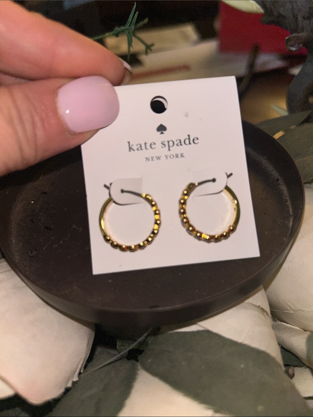 kate spade gold hoop earrings with beaded edge purple stone